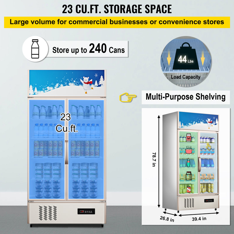 Commercial Refrigerator,Display Fridge Upright Beverage Cooler, Glass Door with LED Light for Home, Store, Gym or Office, (23 cu.ft. Double Swing Door)