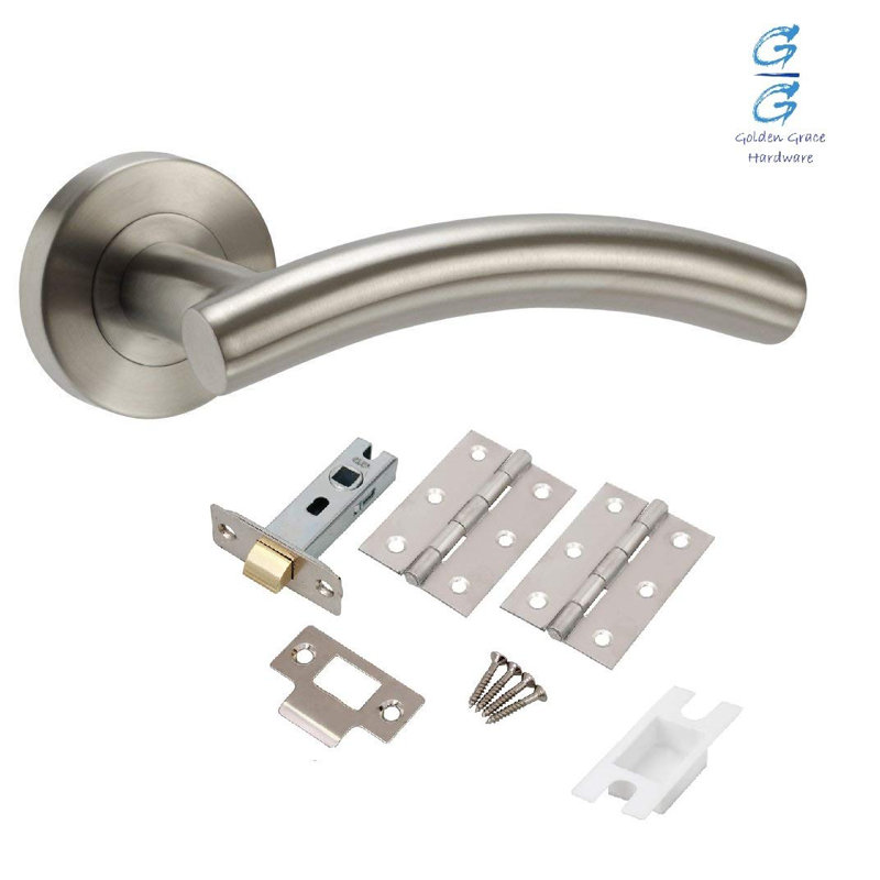 Golden Grace 5 Sets Arched T-Bar Door Handles on Round Rose in Satin Nickel Finish with Latch and Ball Bearing Hinges