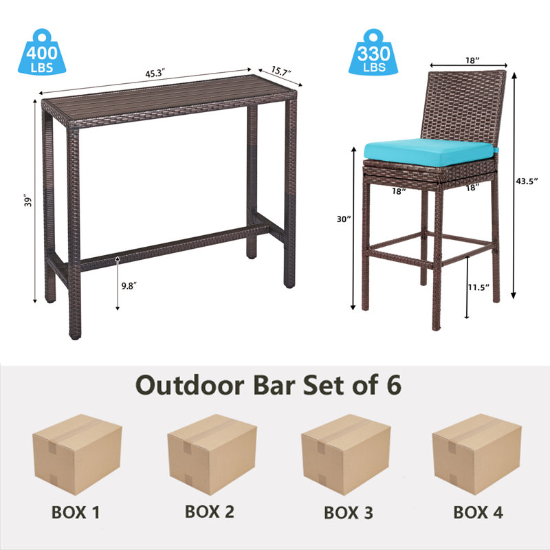Outdoor Bar Set For Patio 6Pcs Outdoor Bar Tables And Chairs Set All Weather Bar Height High Top Outdoor Tables And Chairs Wicker Bar Stools Set Of 4 Tall Patio Table For Outside Balcony Brown (Blue)