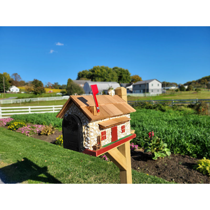 Amish White Stone Mailbox, Handmade, Barn Style, Red Trim