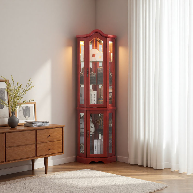 Lighted Corner Cabinet With Tempered Glass Doors & Shelves, Elegant Cherry Display Case With Bulb, Red
