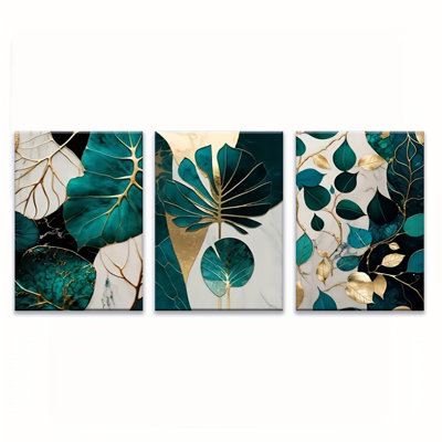 Glam Teal Leaf 3-Piece Canvas Print - Elegant Living Space