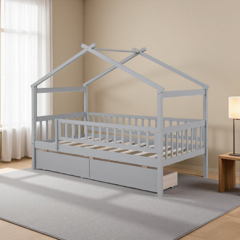 Lit simple en bois avec deux tiroirs, Gris