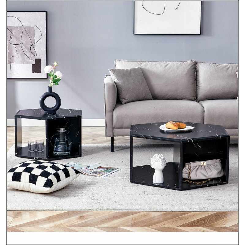 Modern Minimalist Black Hexagonal Coffee Table Set.Hexagonal MDF coffee table, Black