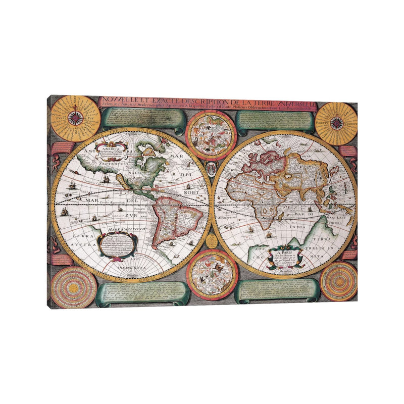 Antique Map, Terre Universelle, 1594 by Unknown Artist - Wrapped Canvas Print, 30.48 cm H x 45.72 cm W