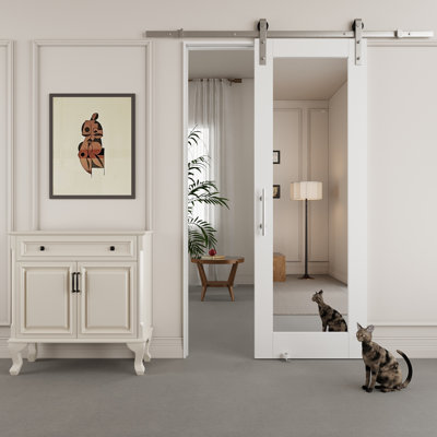 Porte de grange coulissante en bois manufacturé 80 po avec miroir en bois massif avec trousse de quincaillerie nickelée (aucun assemblage requis)