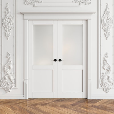 Interior Frosted Glass Paneled French Doors Solid Double Doors With Hardware Kit / Handles