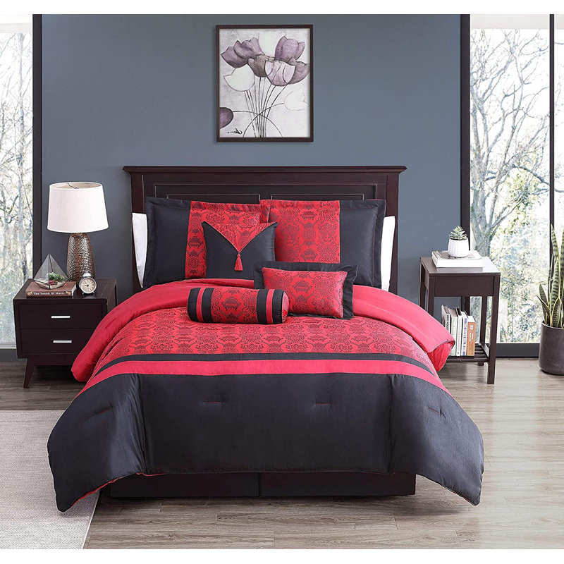 Full Red and Black Jacquard 7-Piece Comforter Set