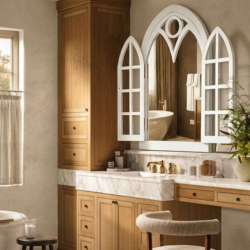Farmhouse Wood Wall Mirror Window Mirror with Opening Doors, Solid Wood Frame Wall Mirror, 1:1 HD Shatterproof Glass, Decorative Wall Mirror for Living Room, Bedroom, Entryway