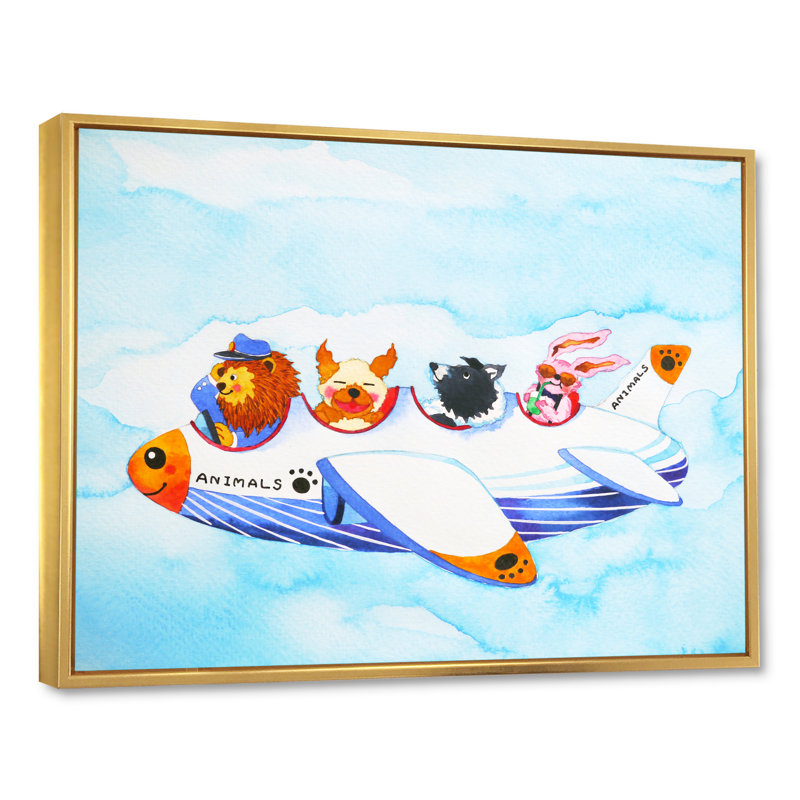 Dessin d'animaux drôles d'animaux sur toile, H 24 po x l 36 po x P 1 po, Cadre flottant doré