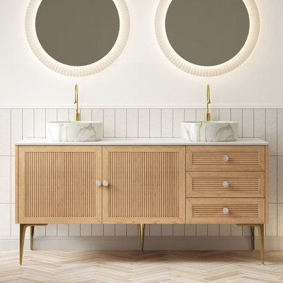 Meuble-lavabo de 152 cm avec deux lavabos en céramique blanche, 3 tiroirs, 2 portes à fermeture amortie, chêne, contreplaqué haute résistance, texture unique, motif rond moderne, finition, préassemblé, armoire