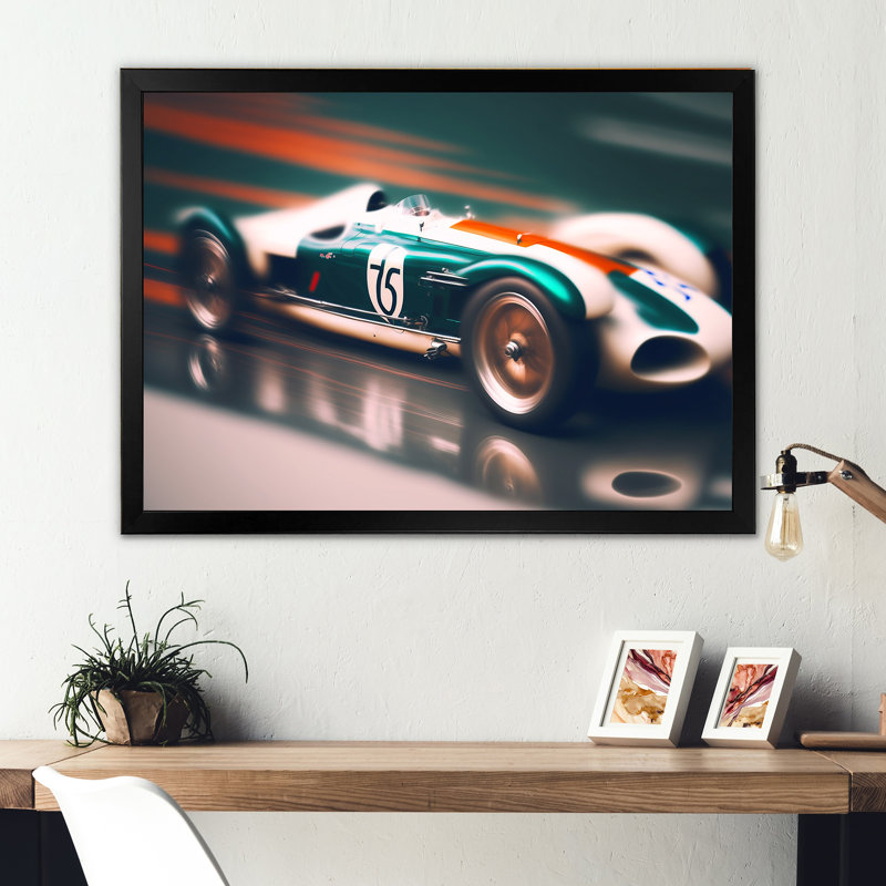 Voiture de course rétro bleue - reproduction sur toile, Toile avec cadre photo noir, H 12 po x l 20 po x P 1 po