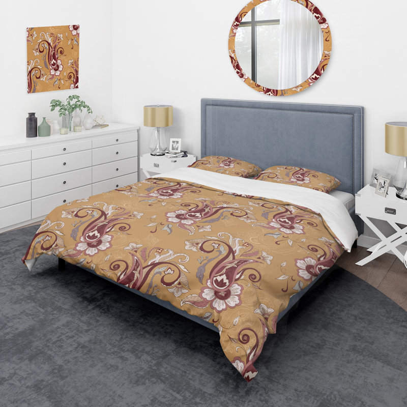 Ensemble de housse de couette à motif floral cachemire brun - Polyester microfibre