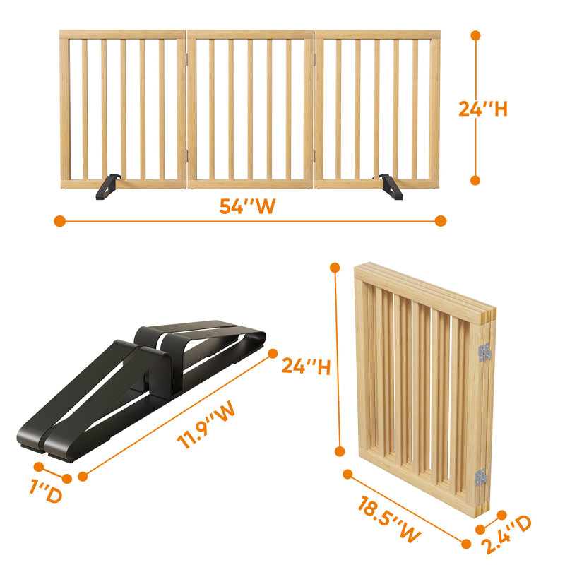 Barrière pour animaux autoportante en bambou pliable à 3 panneaux avec pieds de support pour escaliers, Kaki