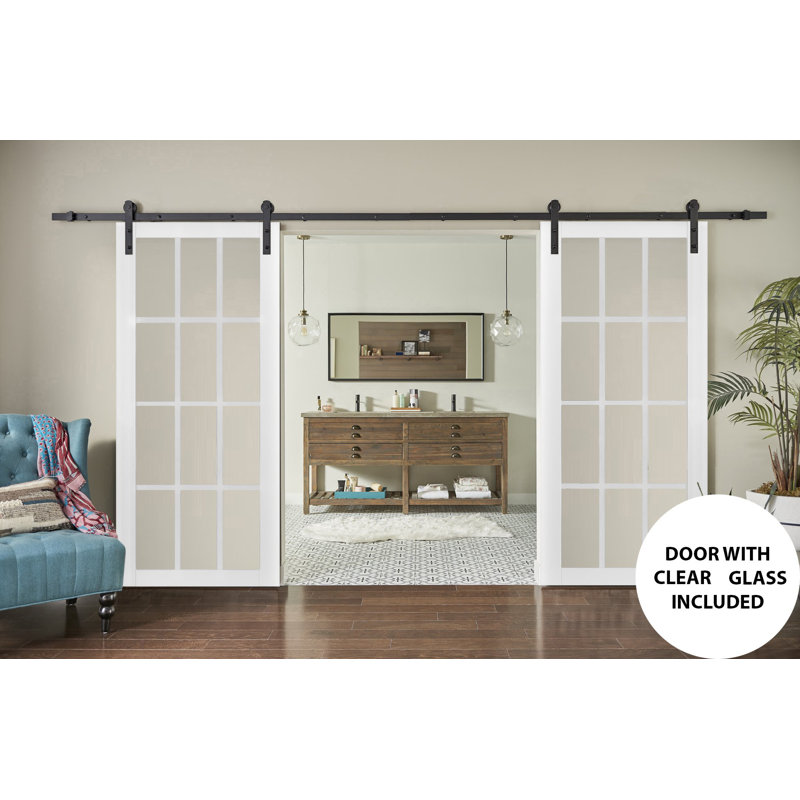 Portes de grange en verre transparent Felicia avec ensemble de quincaillerie d'installation, 56 po x 80 po