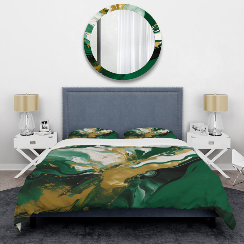 Ensemble d'édredon moderne de 4 - Magic II vert et or avec taies décoratives et coussins décoratifs