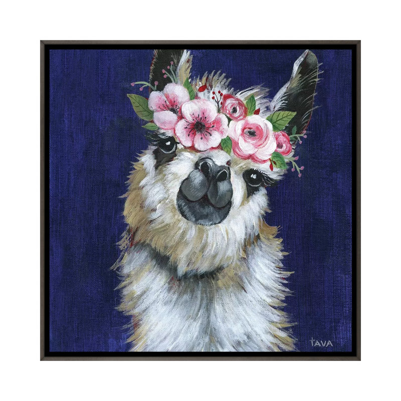 Lady Llama - reproduction d'art, H 26 po x l 26 po x P 1,5 po, Toile encadrée de bois rustique foncé, Aucun mat