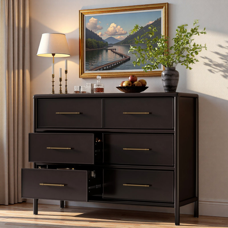 Dresser Cabinet With 6 Drawers And Gold Handles, Dark Brown