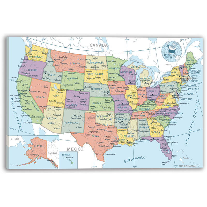 «Colorful USA Map», reproduction d'art sur toile tendue, H 24 po x l 36 po