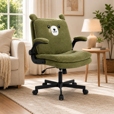Fauteuil d'appoint pivotant à dossier large en forme d'ours avec accoudoirs rembourrés rabattables, hauteur réglable, dossier inclinable à 105 ° et roulettes
