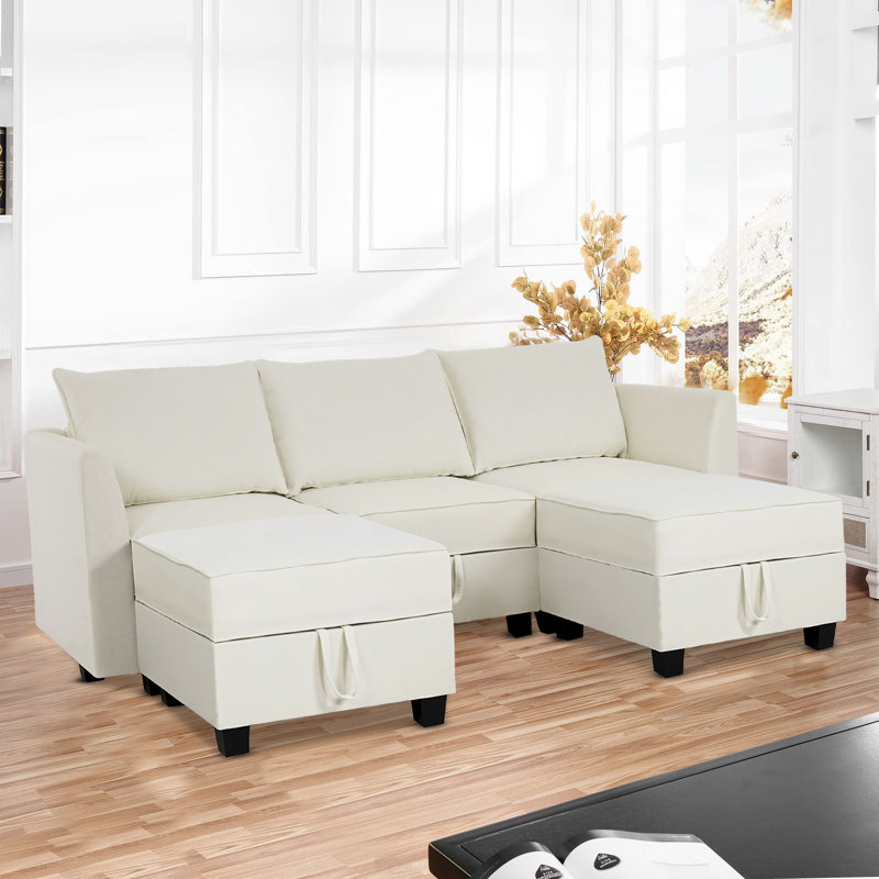 Canapé modulaire en lin avec double repose-pieds et rangement perttu, Blanc