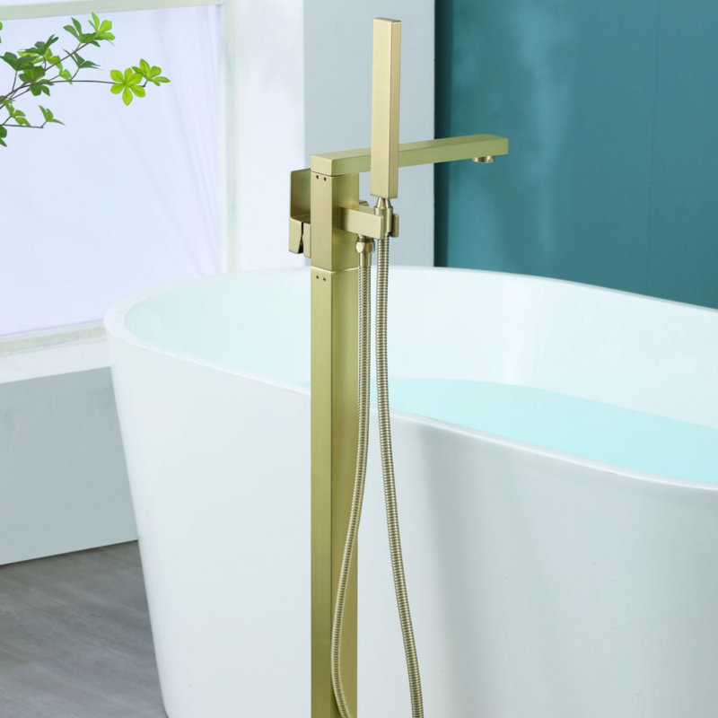 Robinet de baignoire sur pattes à poignée simple avec douche à main, Or brossé