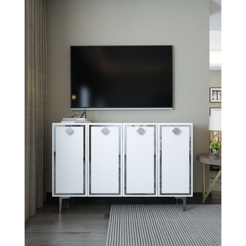 Console moderne avec tablettes multiples, blanc et argent, 47,2 po x 29,5 po x 11,6 po | 100% panneau de particules enduit de mélamine, épaisseur: 0,71 pouce | Conception murale, élégante et fonctionnelle pour le salon ou le couloir