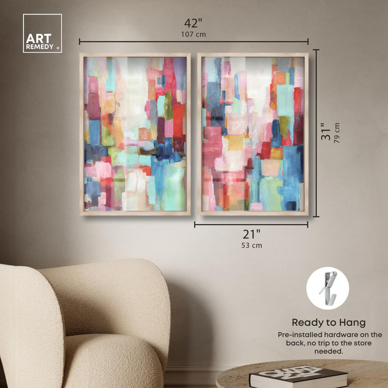 Ensemble d'art abstrait rose « Symphony Colors » en format shadowbox par Art Remedy, cadre noir, 10 x 15, H 31 po x l 21 po