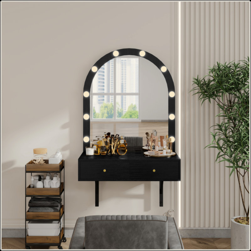 Meuble-lavabo flottant avec miroir et lumières tricolores, coiffeuse murale avec prise de courant, meuble-lavabo compact, grand rangement