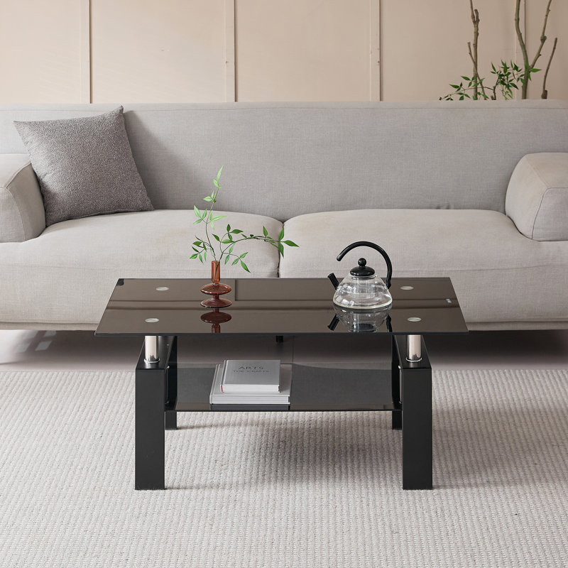 Table basse rectangulaire avec plateau en verre et tablette, Noir
