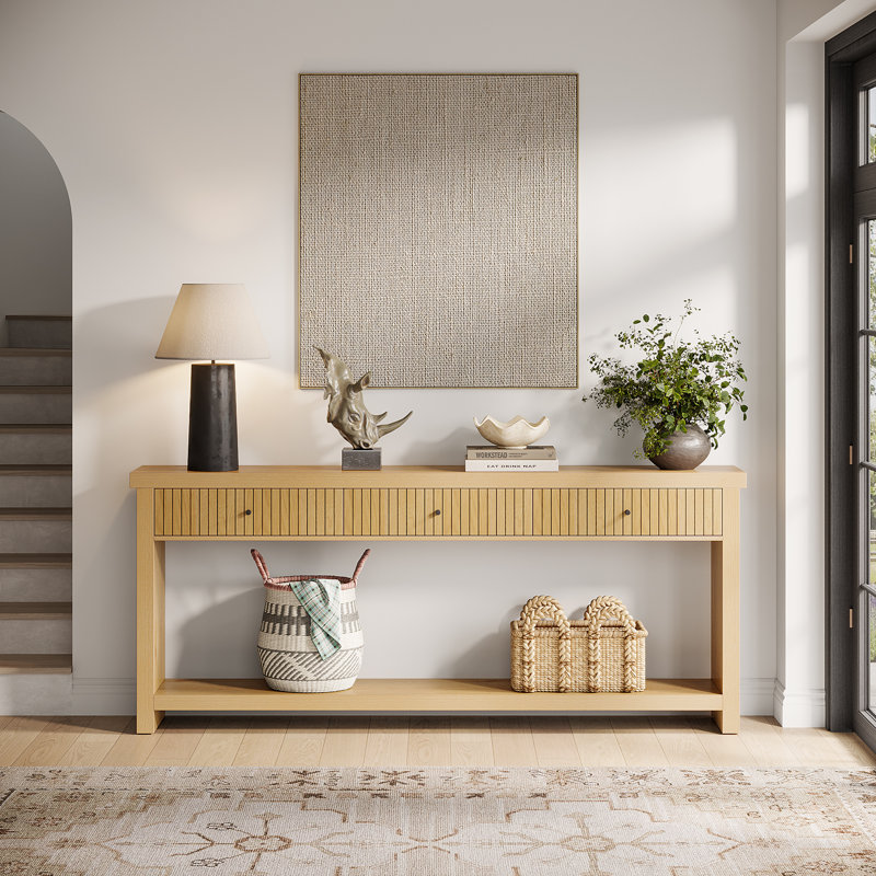 70.9 Inch Wood Console Table Long Sofa Table with 3 Drawers, Natural