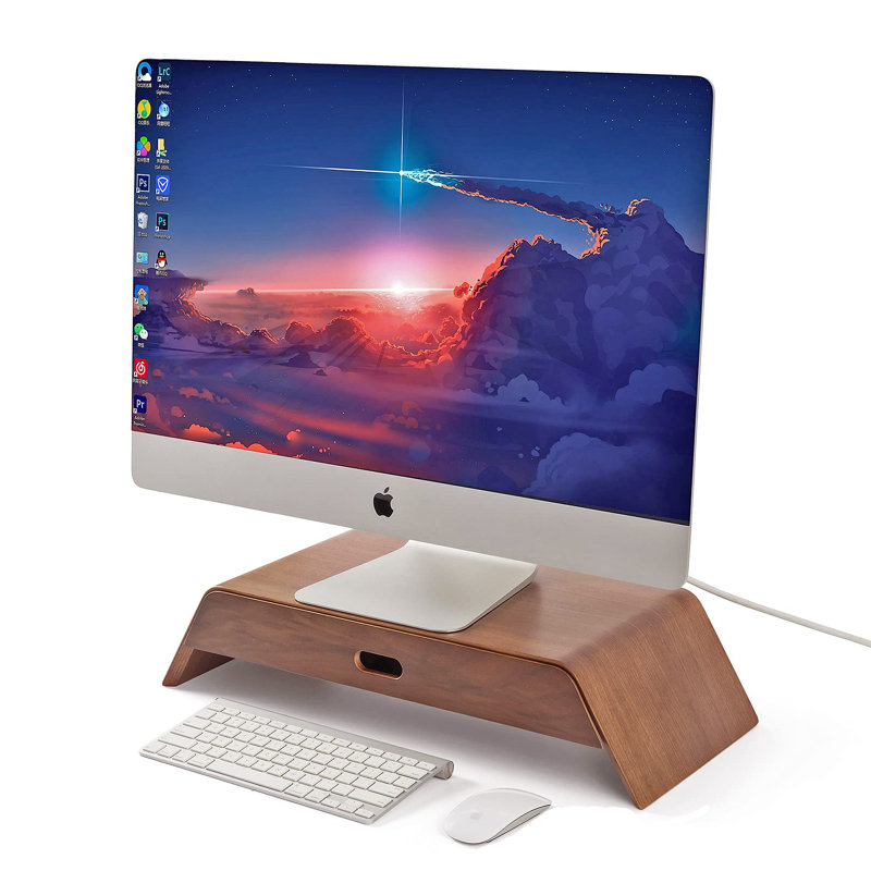 Walnut Wood Monitor Stand with Drawer and Buffer Rail