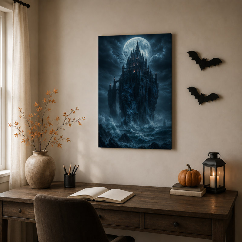 Impression sur toile, "Gothic Castle on Jagged Cliff Under Full Moon", H 18 po x l 12 po