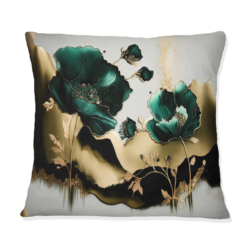 Or et vert coquelicot floral Euphoria II - coussin imprimé coquelicots, H 18 po x l 18 po, Carré