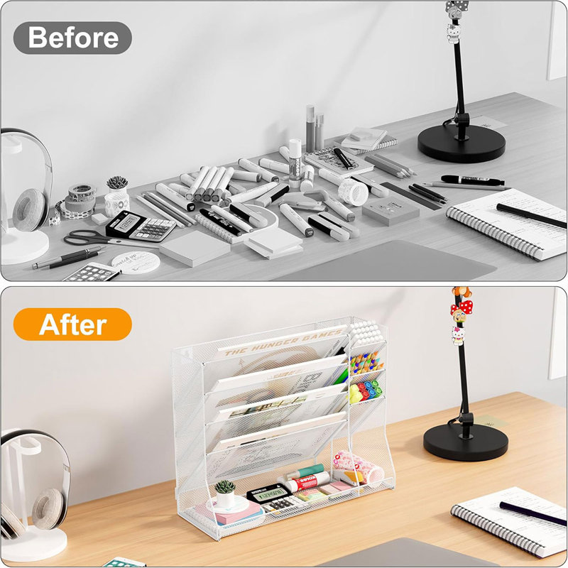 Rivosar 5 Tier Wall File Organizer with 3 Pen Slots, Desk Magazine Rack for Office Classroom Storage, White