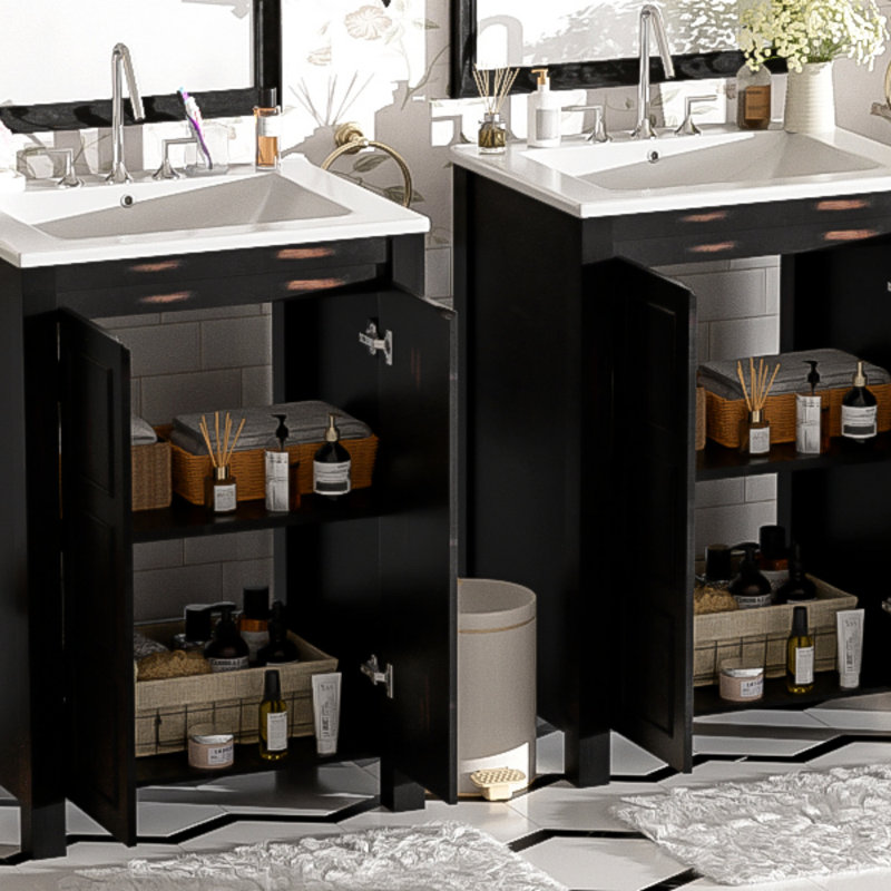 Ensemble de meuble-lavabo 48 po avec lavabos doubles (séparés), lavabos doubles en céramique, tablette de rangement et portes à fermeture en douceur 48 po