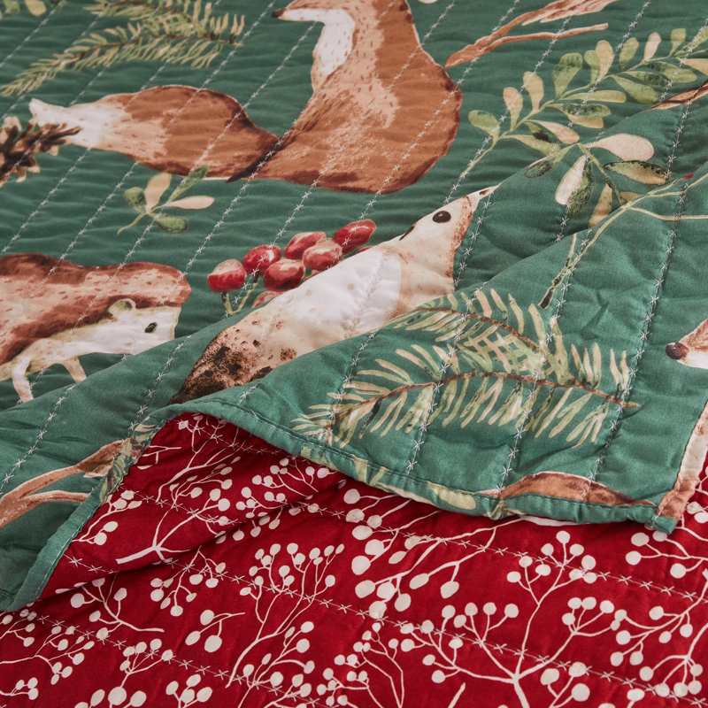 Green and Red Holiday Forest Animals Quilted Throw Blanket