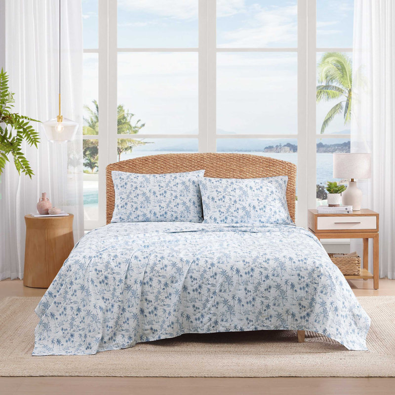 Tommy Bahama Printed Percale Cotton Sheet Set, Queen Sheet Set with 2 Pillowcases, Blue Surfside