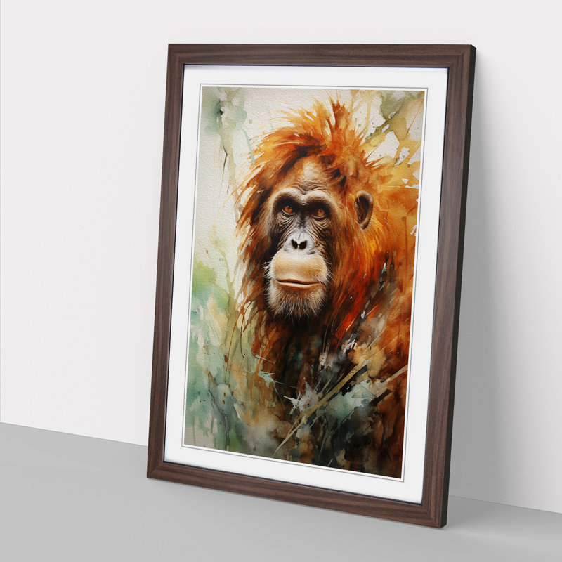 Orangutan Expressionism - Single Picture Frame Print on Wood, Walnut Framed, 64cm H x 46cm W x 2cm D
