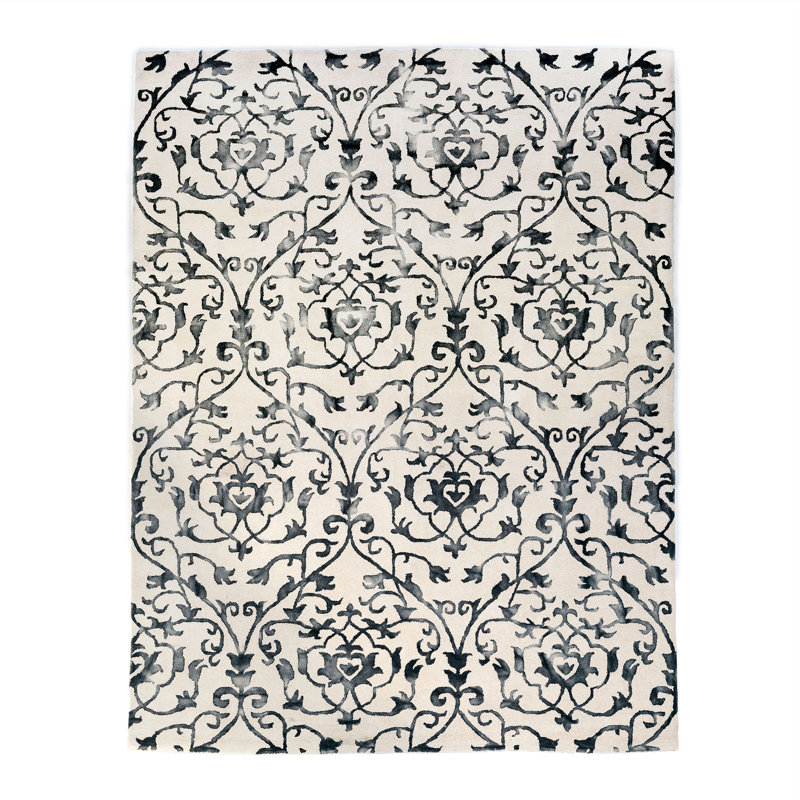 Hand Tufted Black and Beige Wool Area Rug, 6' x 9'