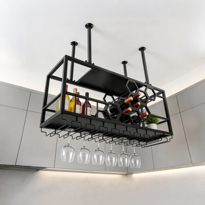 39.37Inch 2-Tier Rectangular Hanging Ceiling Mounted Iron Wine Bottle Holder Rack Max Load 150Lbs Black