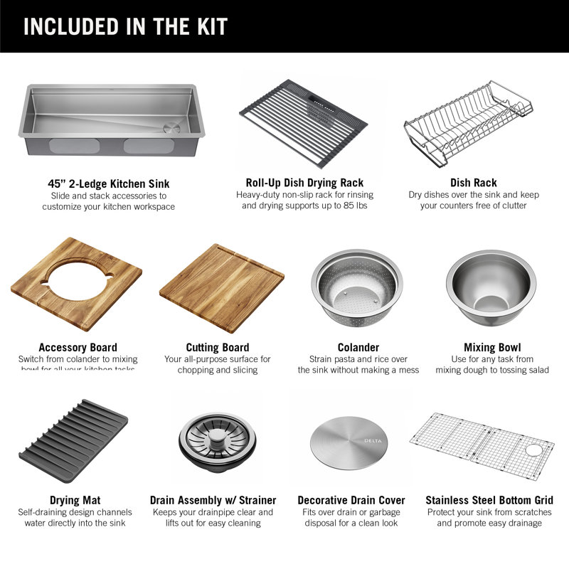Delta Lorelai™ 45" L Workstation Kitchen Sink Undermount 16 Gauge Stainless Steel Single Bowl with 2-Tier WorkFlow™ Ledge