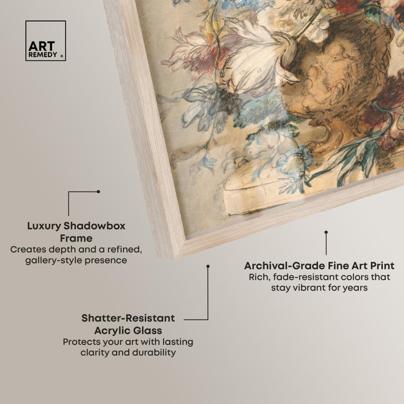 «Flowers in Chalk Shadowbox Print Vintage Art» par Art Remedy, H 21 po x l 17 po, Crème, crème