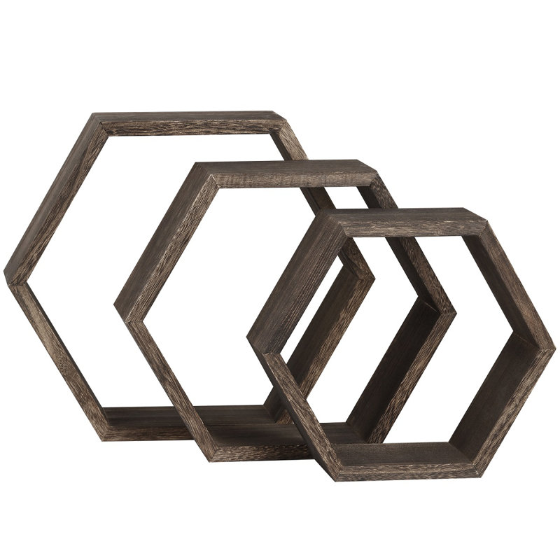 Lakefield 3 Piece Hexagon Floating Shelf, Dark Brown