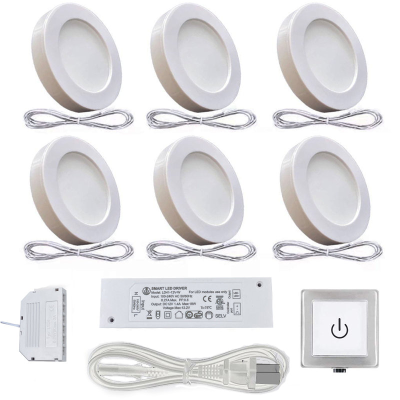 VST 6-Pack LED Puck Lights with Wired Touch Dimmer, Plug-In Under Cabinet Lighting, 4000K Neutral White