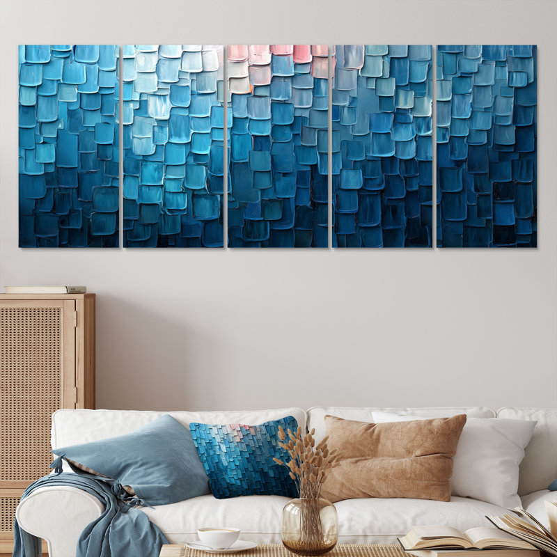 «Drip Paint of Blue Cubic Matrix I» - art mural, peinture murale, H 32 po x l 80 po, 5