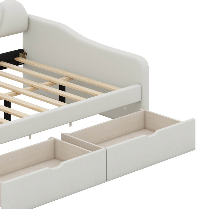 Lit de jour double avec rangement, cadre de lit de jour rembourré avec dossier de forme basse et 2 tiroirs, Beige