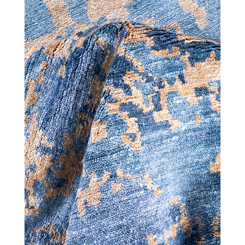 Luxurious Blue Hand-Knotted Silk Rectangular Area Rug