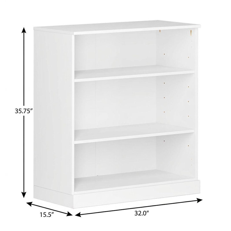 36" White Solid Wood Adjustable Three Tier Library Bookcase