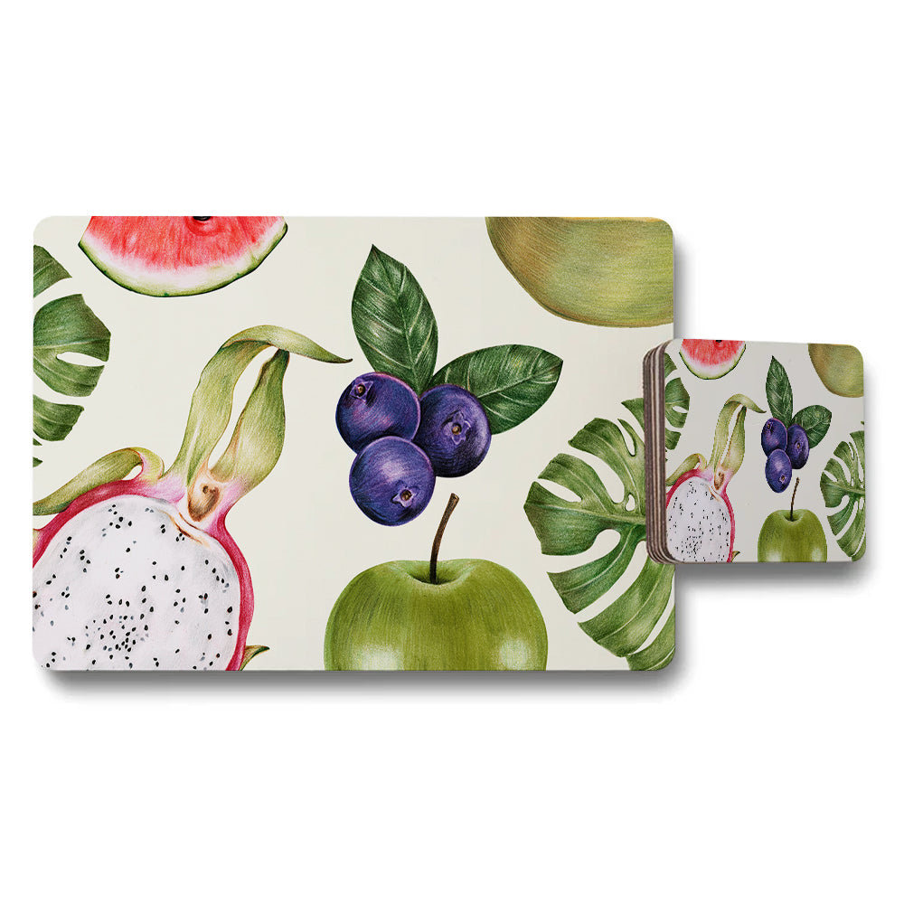 Fruit Pattern Placemat And Coaster Set With Dragon Fruit And Blueberries